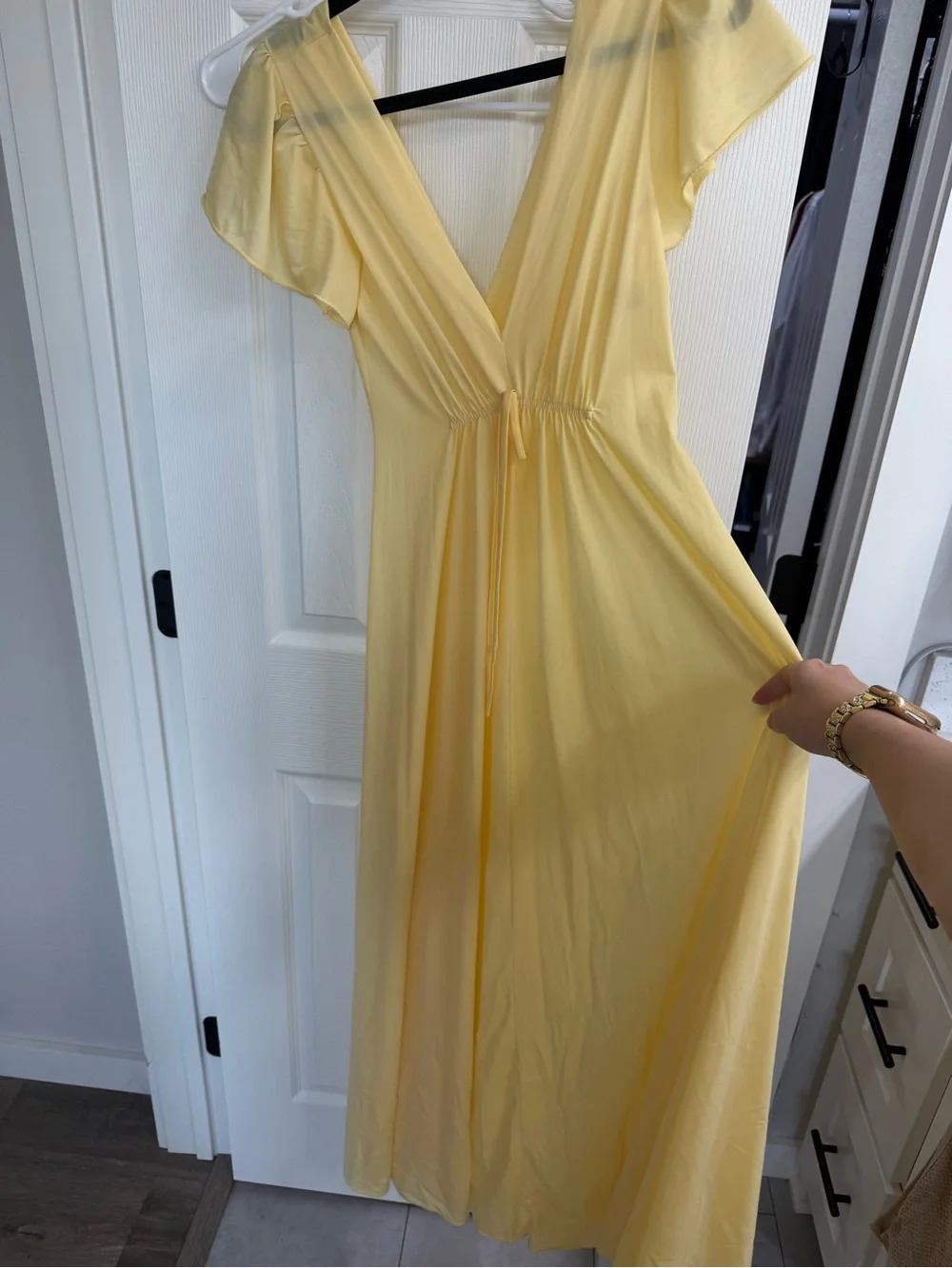 Miss Grant Pale Yellow V-Neck Flutter Sleeve Maxi